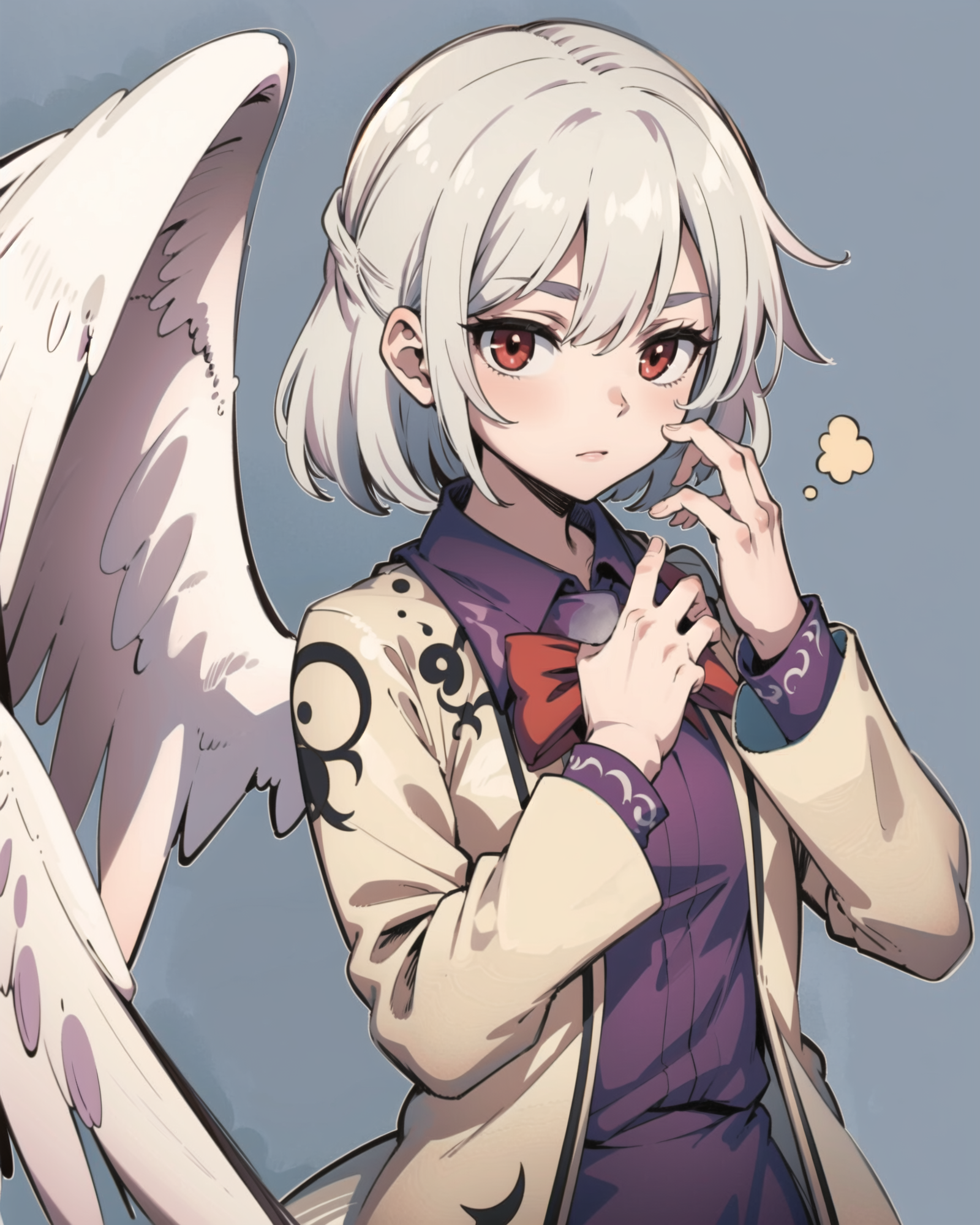 00778-3846857022-masterpiece, best quality, _lora_KishinSagume_1_,kishin sagume, 1girl,white hair,short hair, red eyes,bow, single wing,white jac.png